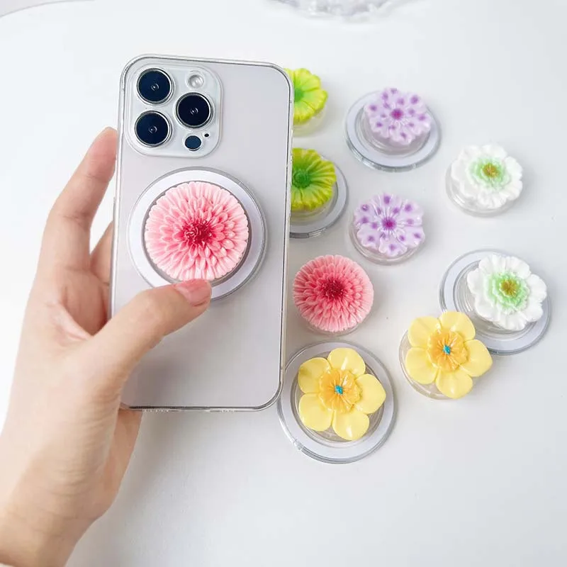 

Chrysanthemum Resin Flowers Griptok Finger Ring Support Magnetic and Sticker Two Types Foldable Phone Holder