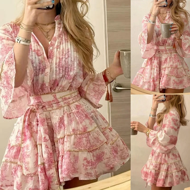 2026 Frühling Sommer Damenkleider Rosa Blumen Boho Minikleid Trompetenärmel Taillengürtel A-Linien-Kleid Französisch Romantische Urlaubskleider