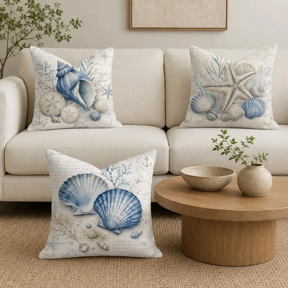 Retro Artistic Marine Life Cushion Cover Organic Linen Throw Pillow Cover Double-Sided Print Breathable Cushion Case Home Decor