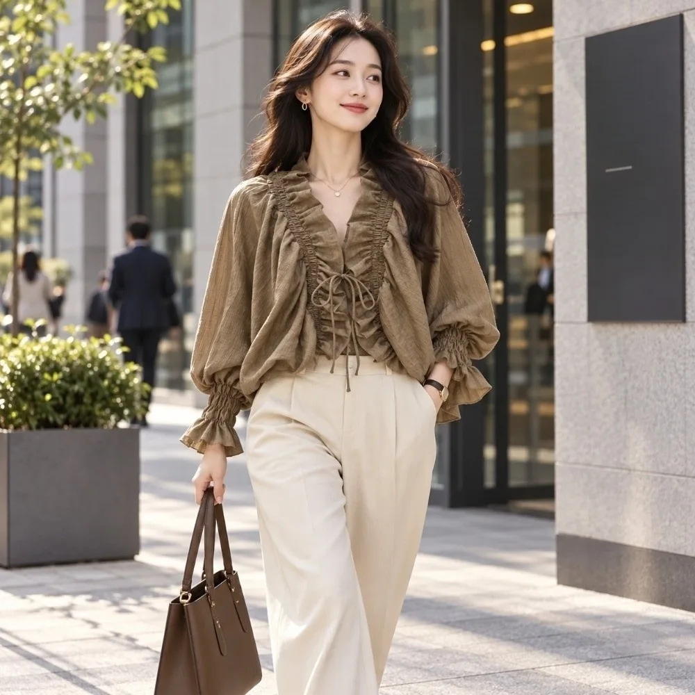 Lace-up Chic Ruffle Blouse V-Neck Tie Front Lantern Sleeve Chiffon Shirt Loose Drawstring Batwing Long Sleeve Blouse Daily Wear