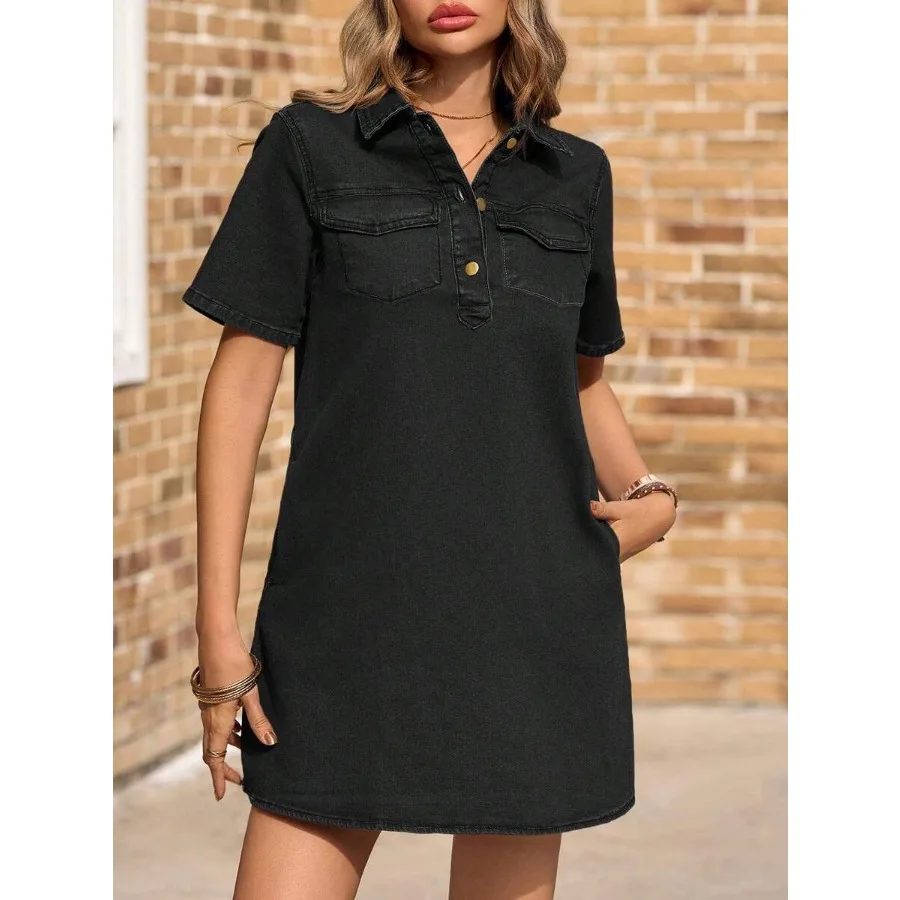 

【New style】Women's Short Sleeve Denim Shirt Dress Button Down Collared Loose Fit Casual Mini Dress