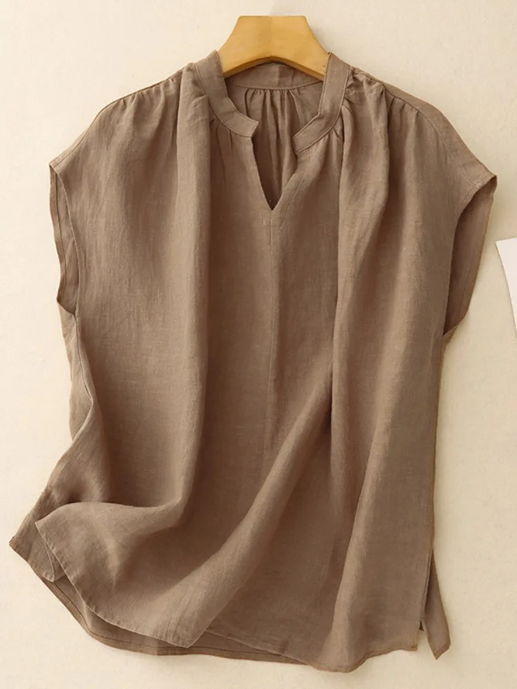 

Художественная однотонная хлопково-льняная рубашка с V-образным вырезом для женщин, летняя, тонкая, повседневная, свободного кроя, комфортная, дышащая, визуально стройнящая.