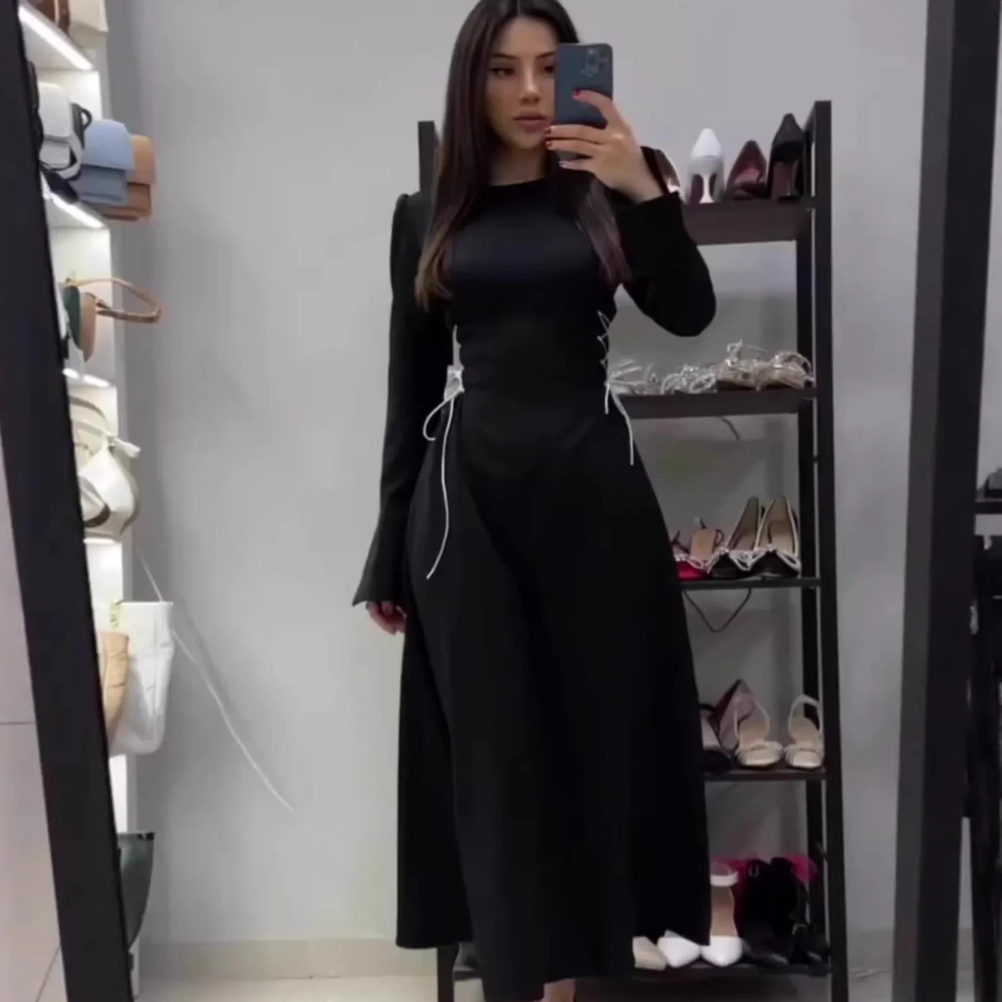 Long Sleeve Round Neck Dresses Women Tie Waist Flare Sleeve Fall Spring Summer Matching Set