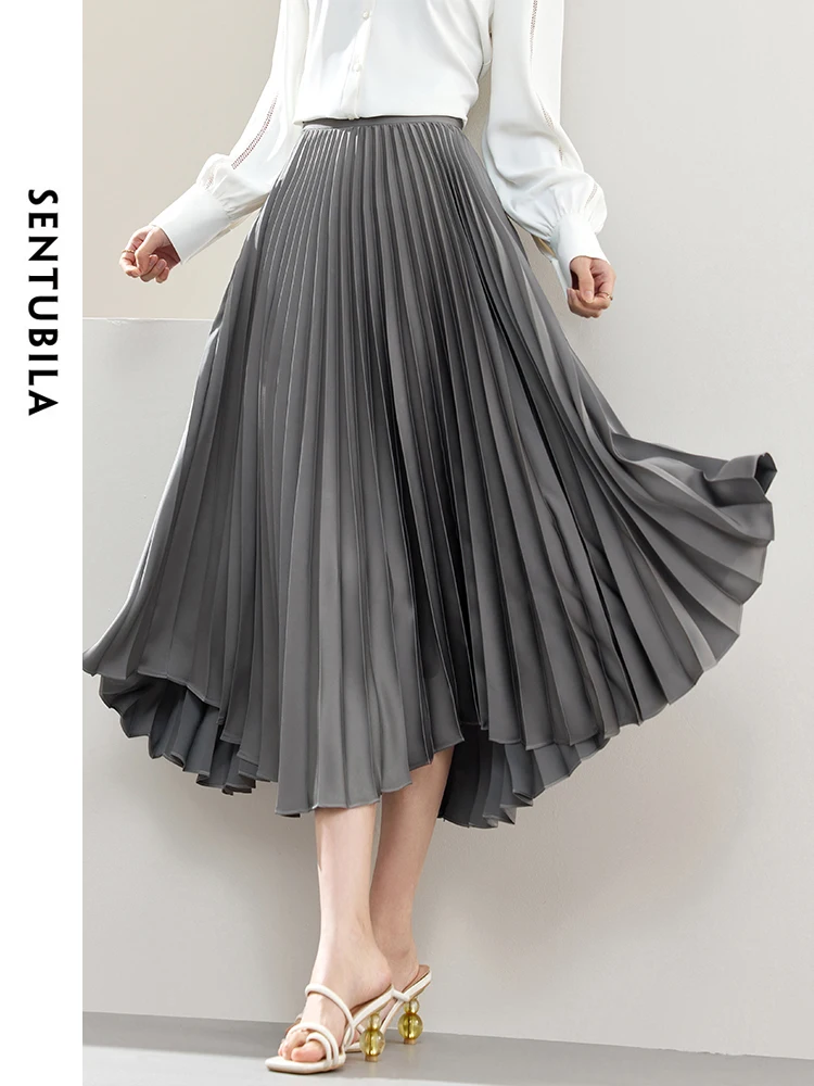 

SENTUBILA Gray Satin Irregular Pleated Midi Skirts Woman 2024 Spring Autumn Trend Elegant Women's A-line Swing Skirt 141Q53096