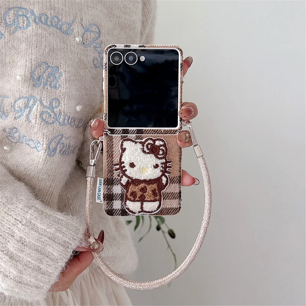 Fashion Plaid Embroidery Hellokitty phone case for Samsung Galaxy Z Flip5 6 flip6 7FE Flip7 Cover With Strap Cute Shockproof Cas