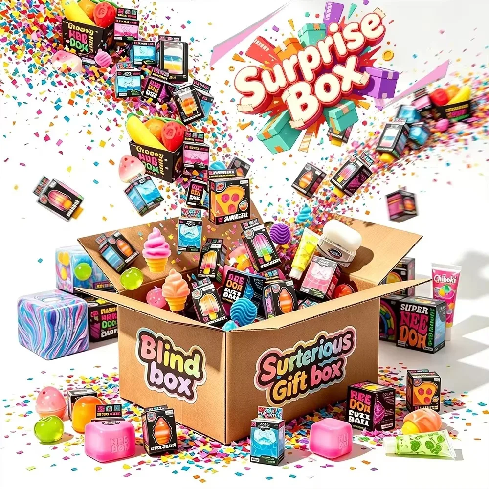 100+Pcs Surprise Box Toys Fun Mystery Fidget Stress Relief Surprise Novelty Stress Relief Assorted Squishy Figures Blind Box