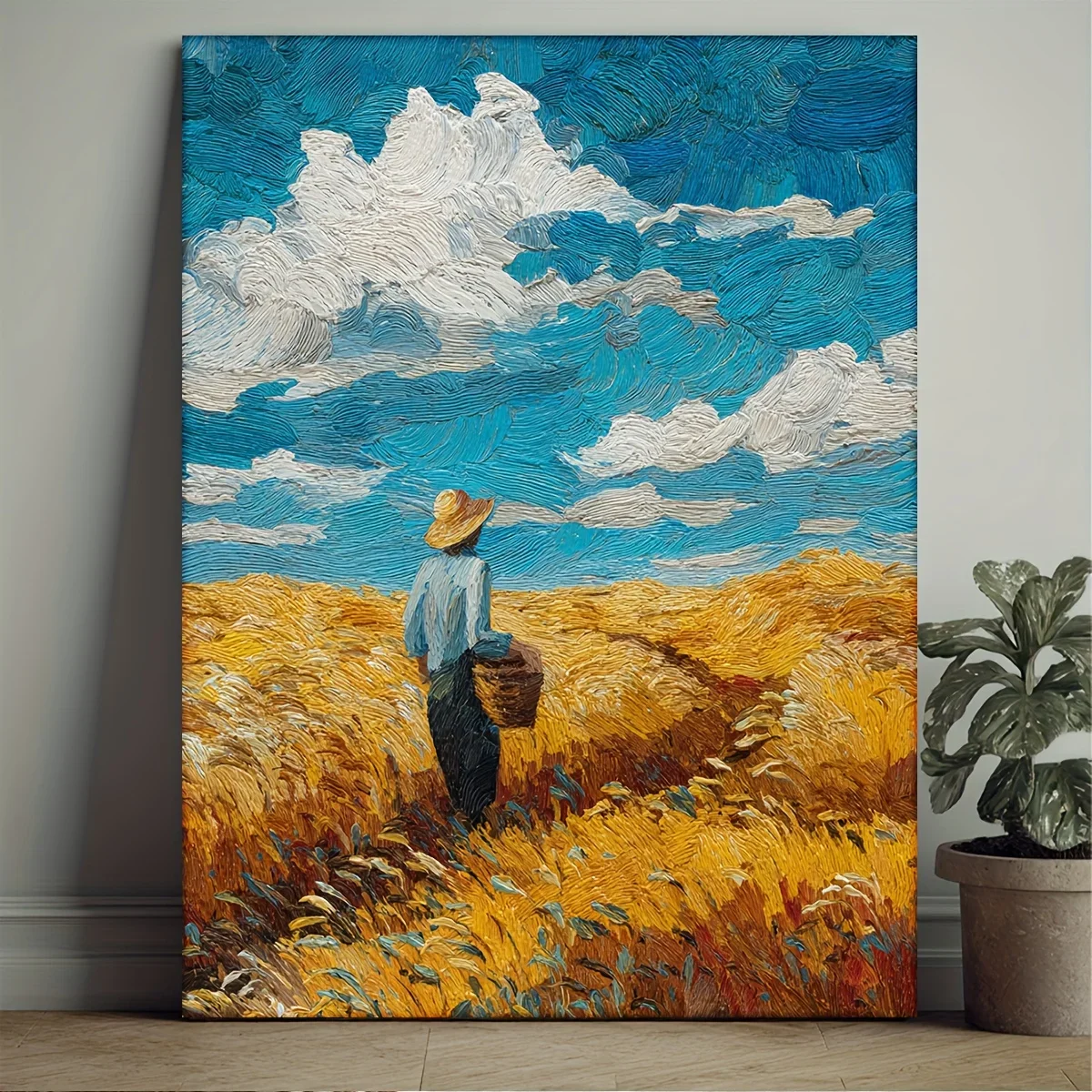 (No frame)1pc  Wheat Field Painting - Modern Farmhouse Decor with Golden-Brown Wheat Stalks & Blue Sky - Rustic Country