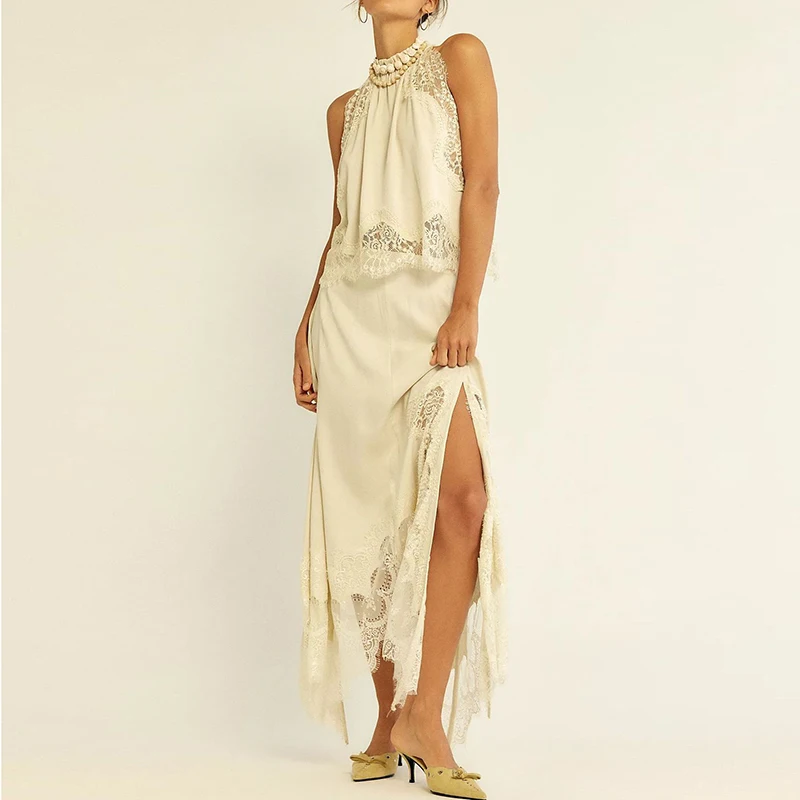 

Женский элегантный летний костюм с кружевными вставками и асимметричным кроем, модный комплект из 2 предметов 2026 года: сексуальный топ без рукавов с круглым вырезом и юбка, однотонный, с вырезами