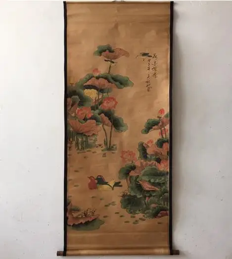 Antique Hand-painted Chinese Scroll painting,long axis of Lotus & Mandarin Duck,Home Decoration,best collection & adorn