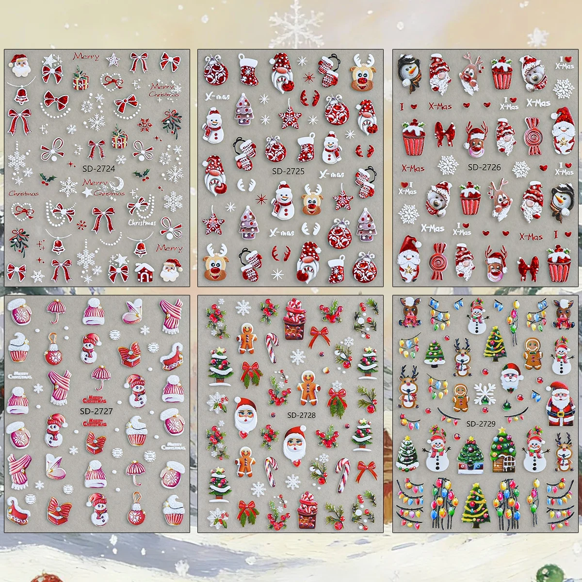 3 bis 15 Blatt 5D Weihnachts-Nagelsticker mit Motiven von Weihnachtsmann, Schneemann, Rentier, Baum, Schneeflocke, Schleife und Zuckerstange, selbstklebend – Detail 2