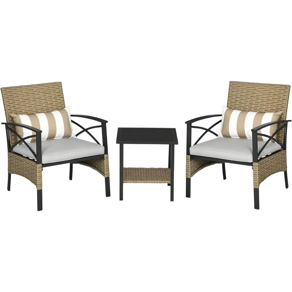 

3 Piece Garden Furniture Set Set Of 2 Rattan Chairs And Table With 2 Padded Cushions And Steel Frame For Terrace Balcony Outdoo