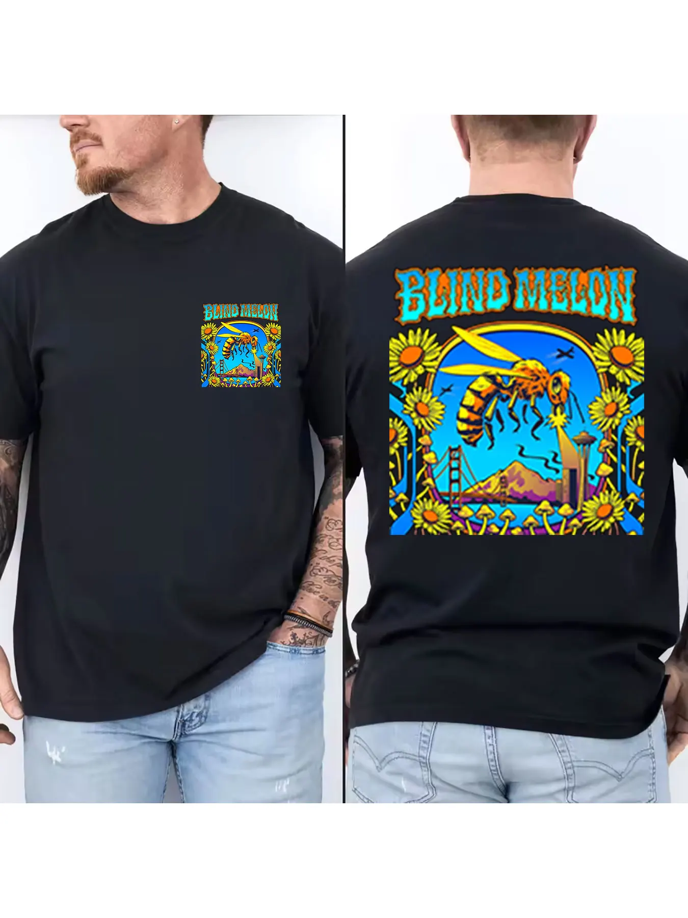 

Mens Cotton Graphic Tee, Oversized Fit Psychedelic Bee Print T-Shirt with Retro Nature & Landmark Design, Breathable Casual Shor