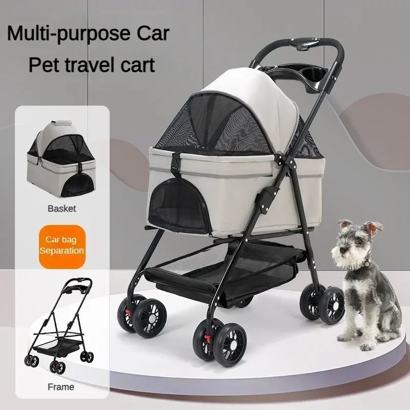 

Foldable pet stroller, suitable for dogs and cats to use outdoors, four-wheel dog travel cart, with storage basket
