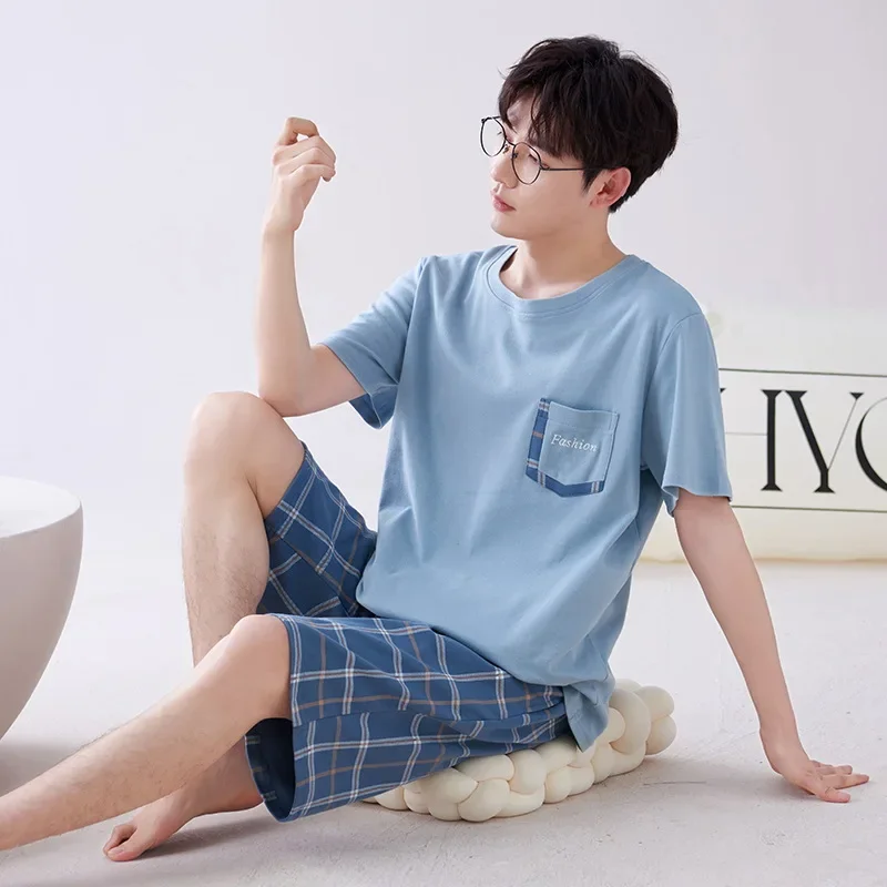 

Big Size Pure Cotton Pajamas Young Men Summer Sleepwear Korean Short Loungewear Teenager Loose Home Clothes Can Be Worn Outside