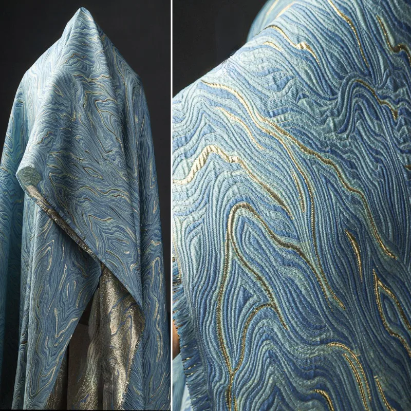 Blue and Gold Thread Texture Double-sided Jacquard Cloth National Feng Shui Ripples Glitter Thick Skirt Clothing Designer Fabric