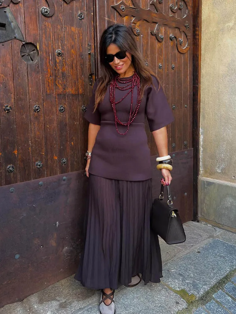 HH Women Elegant Half Sleeves O-Collar Pleated Dress Spring Woman Rear Zipper Splicing Vintage Casual Knitted Long Dress image 5