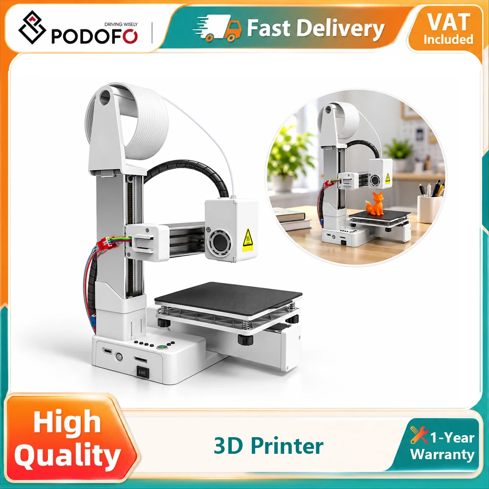 Podofo K10 Mini 3D Printer FDM 3D Printing Machine for Kids Beginners One Key Print with Auto Slice TF Card Support PLA TPU Filament 100x100x100mm STEM DIY Educational
