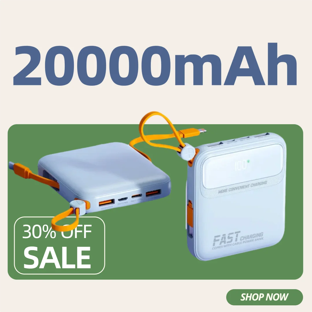 20000mAh Fast Charging Power Bank Portable and Compact with Built-in Cable