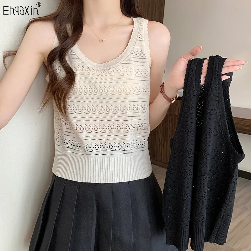 

EHQAXIN Women's Sling Tank Top 2023 Summer Elegant Korean Fashion Knitted Hollow Out Sleeveless Vest T-Shirt Tops Female M-4XL