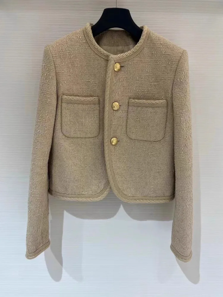 2023 nuova giacca in Tweed da donna autunno Chic monopetto girocollo elegante cappotto corto in lana Femme Luxury Outwear Casacos