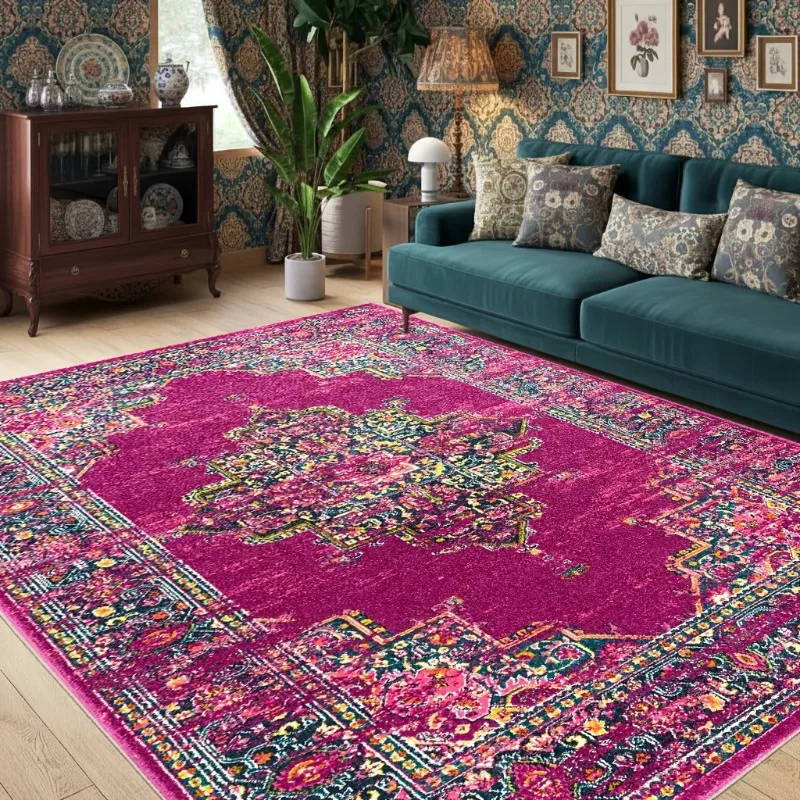 Bright Pink Vintage Floral Flannel Rug Soft Non Slip Washable Indoor Area Floor Mat for Living Room Bedroom Bohemian Home Decor
