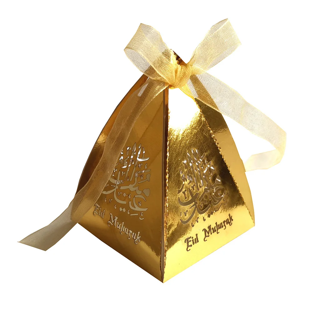 

10Pcs Shiny Golden Eid Mubarak Pyramid Candy Boxes Hollow Out Design Safe to Use Multiple Usage Party Supplies