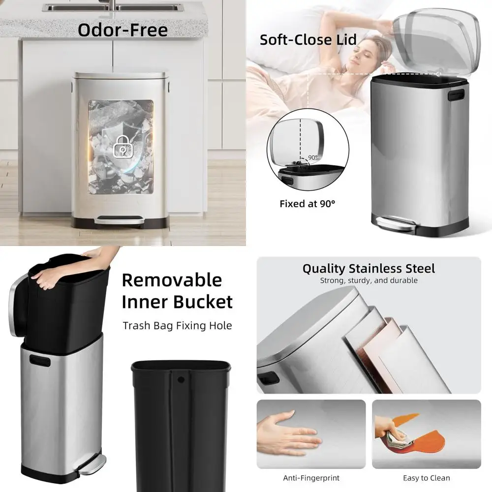 

50L Stainless Steel Step Pedal Trash Can with Lid, Odor Seal, Silent Close, Removable Bucket for Home, Kitchen, Office