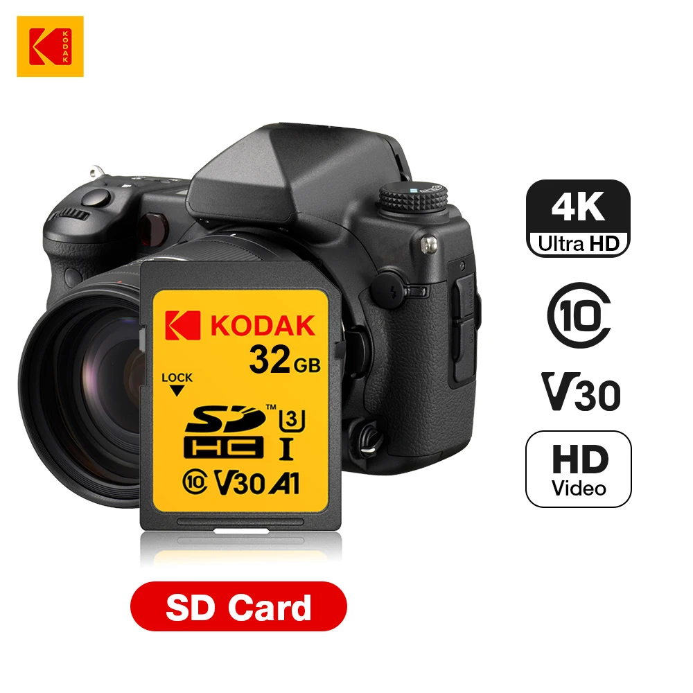 KODAK 정품 고속 SD 카드, SD SDXC V30, 4K HD 카메라, 자동차 DV SLR, 256G, 128G, 64G, 32G 메모리 카드 