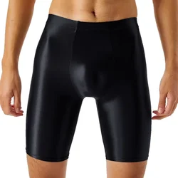 Pantaloncini da uomo in seta di ghiaccio lucido Boxer setosi lucidi mutande corte a gamba lunga U Pouch guaina palestra Fitness Boxer intimo elastico alto