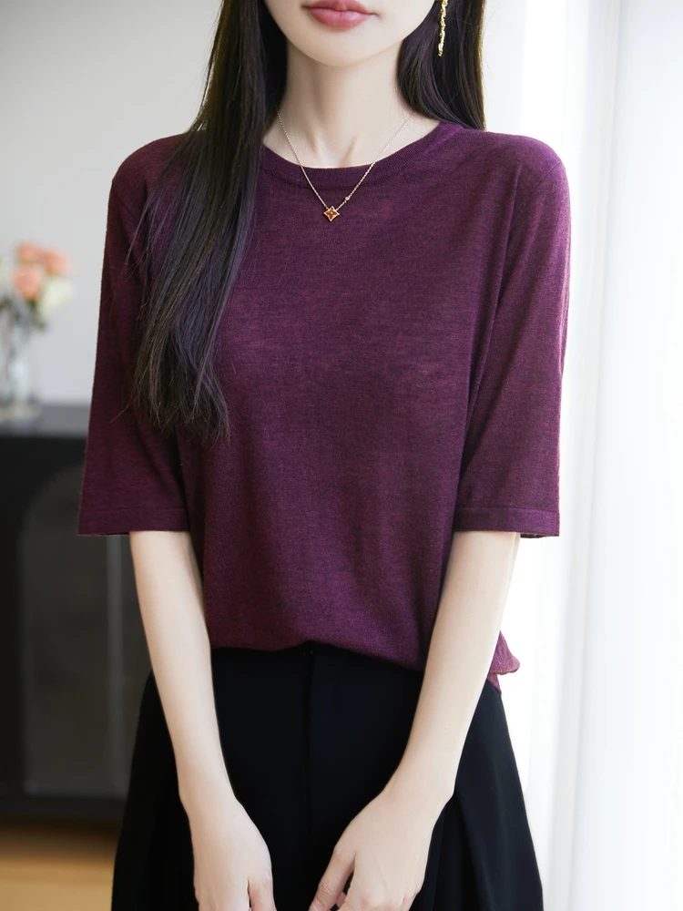 ฤดูร้อนใหม่ผู้หญิง O-คอสีทึบครึ่งแขนน้ําหนักเบา Breathable Pullover Merino เสื้อขนสัตว์สไตล์เรียบง่าย Basic Tops