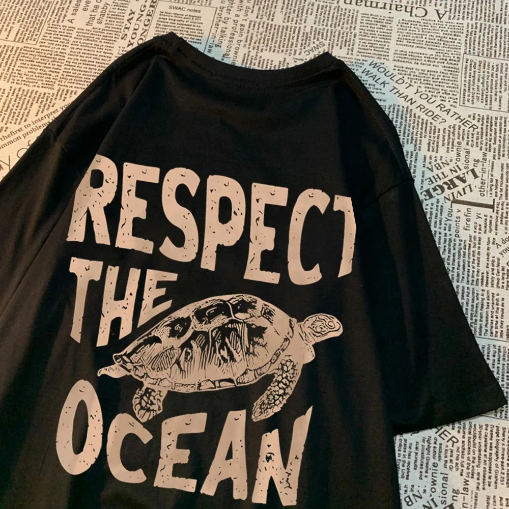 Respect The Ocean Green Turtle T Shirt Men loose Clothes Hip Hop Breathable Short Sleeve Harajuku Summer Cotton T-Shirt