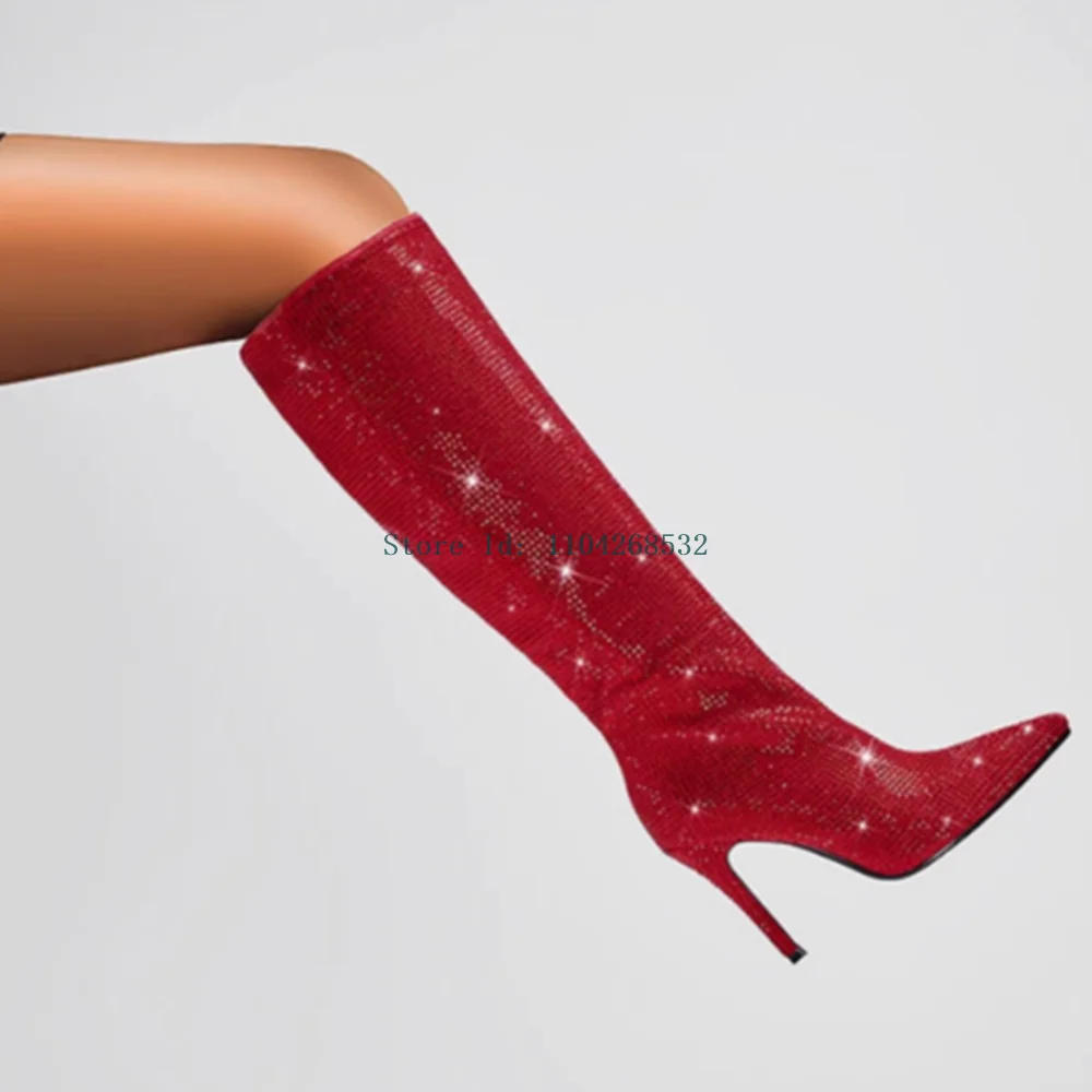 

Red Crystal Shining Knee High Boots Sexy Pointed Toe Stiletto Silp On New Arrivals Fashion Women Runway Boots