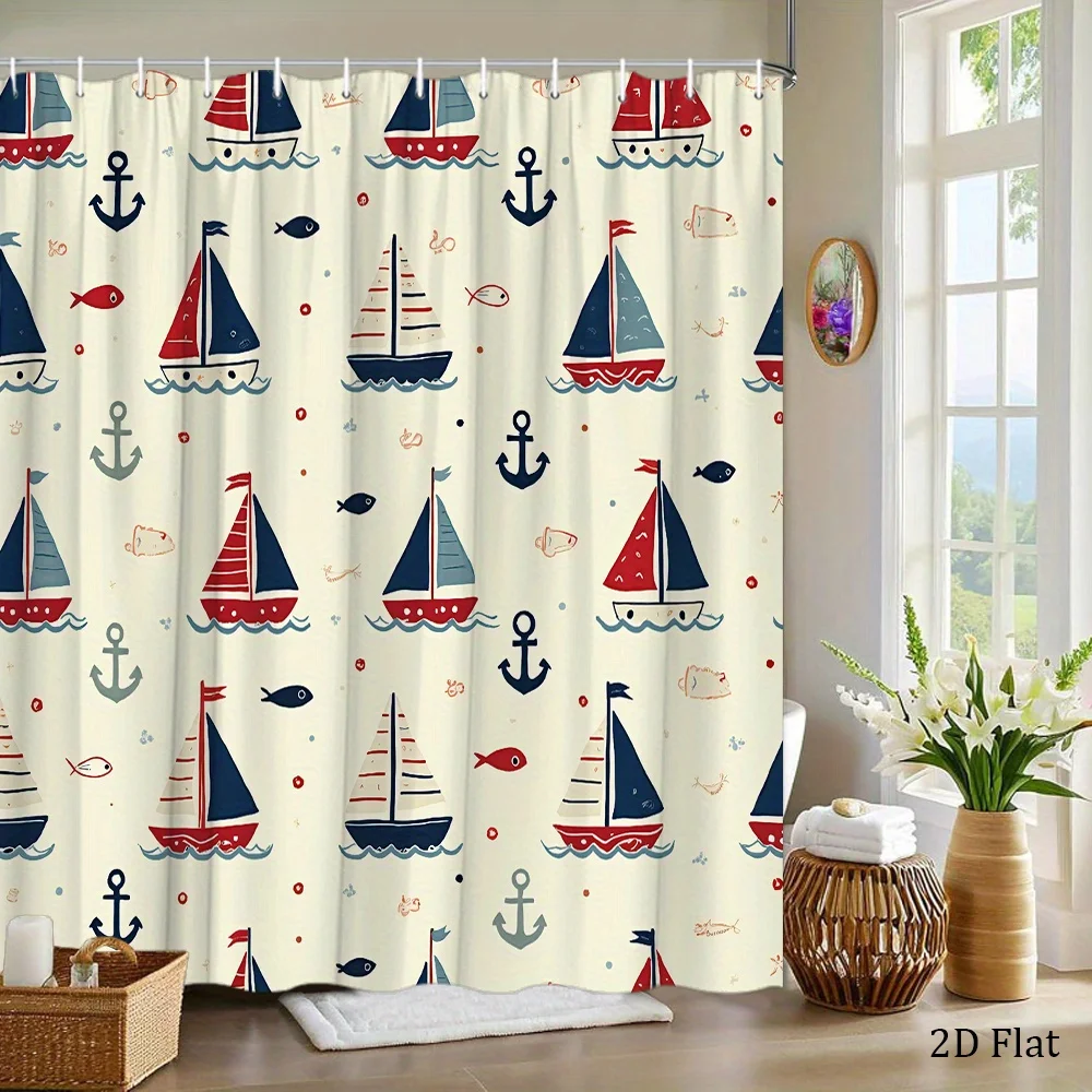 1pc a Nautical-Themed Shower Curtain Featuring Sailing Ships in Navy Blue, Red, And White, Complete with Anchors. Made of Polyes