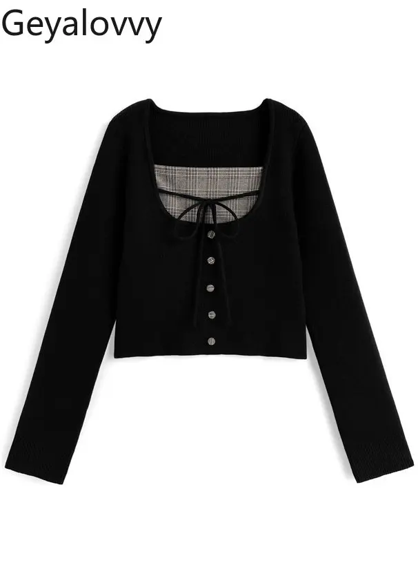 

Вязаный трикотаж в японском стиле Pure Desire в клетку в стиле пэчворк с галстуком и длинными рукавами, новинка 2026 года, милый универсальный свитер с круглым вырезом для девочек