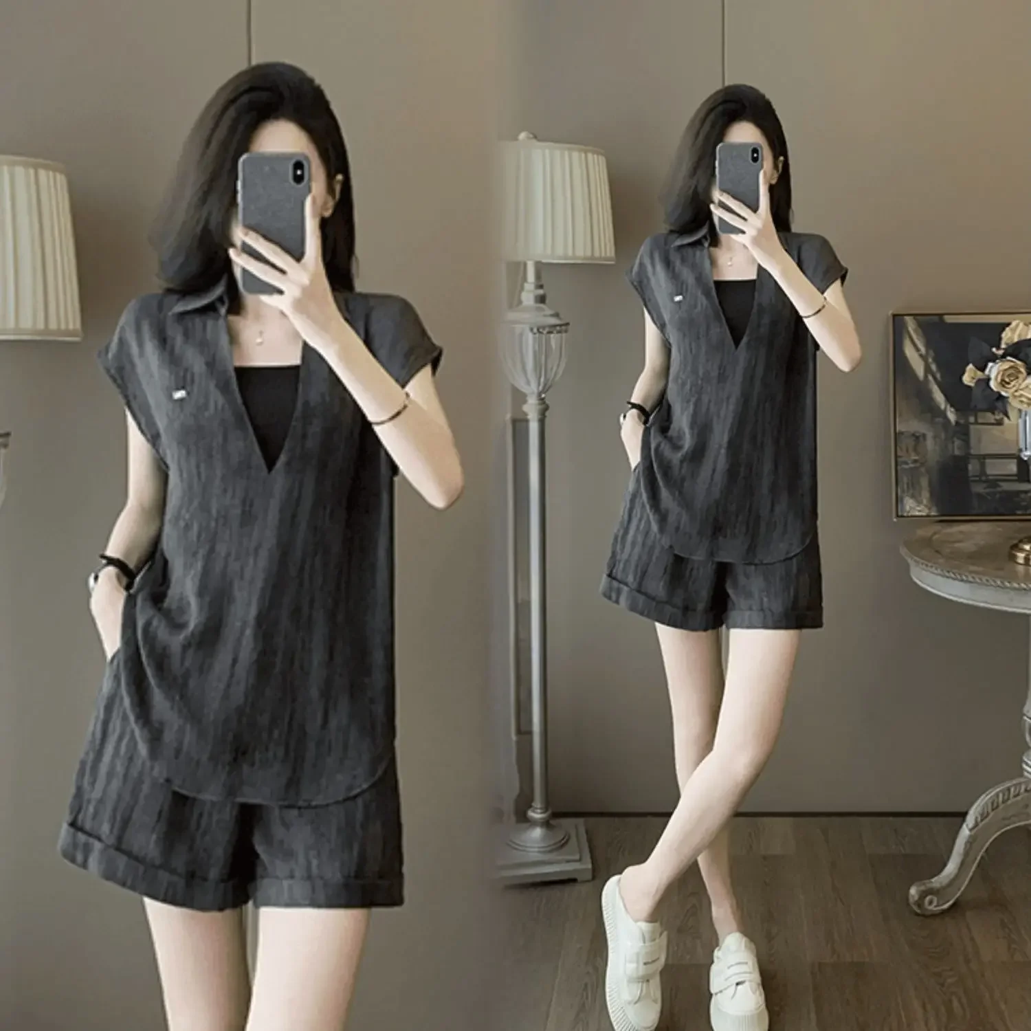 

Retro Fashion Women's Set Summer New Loose Short Sleeves Fake Two Pieces T-shirt Top+wide Leg Shorts Two-piece Set for Women