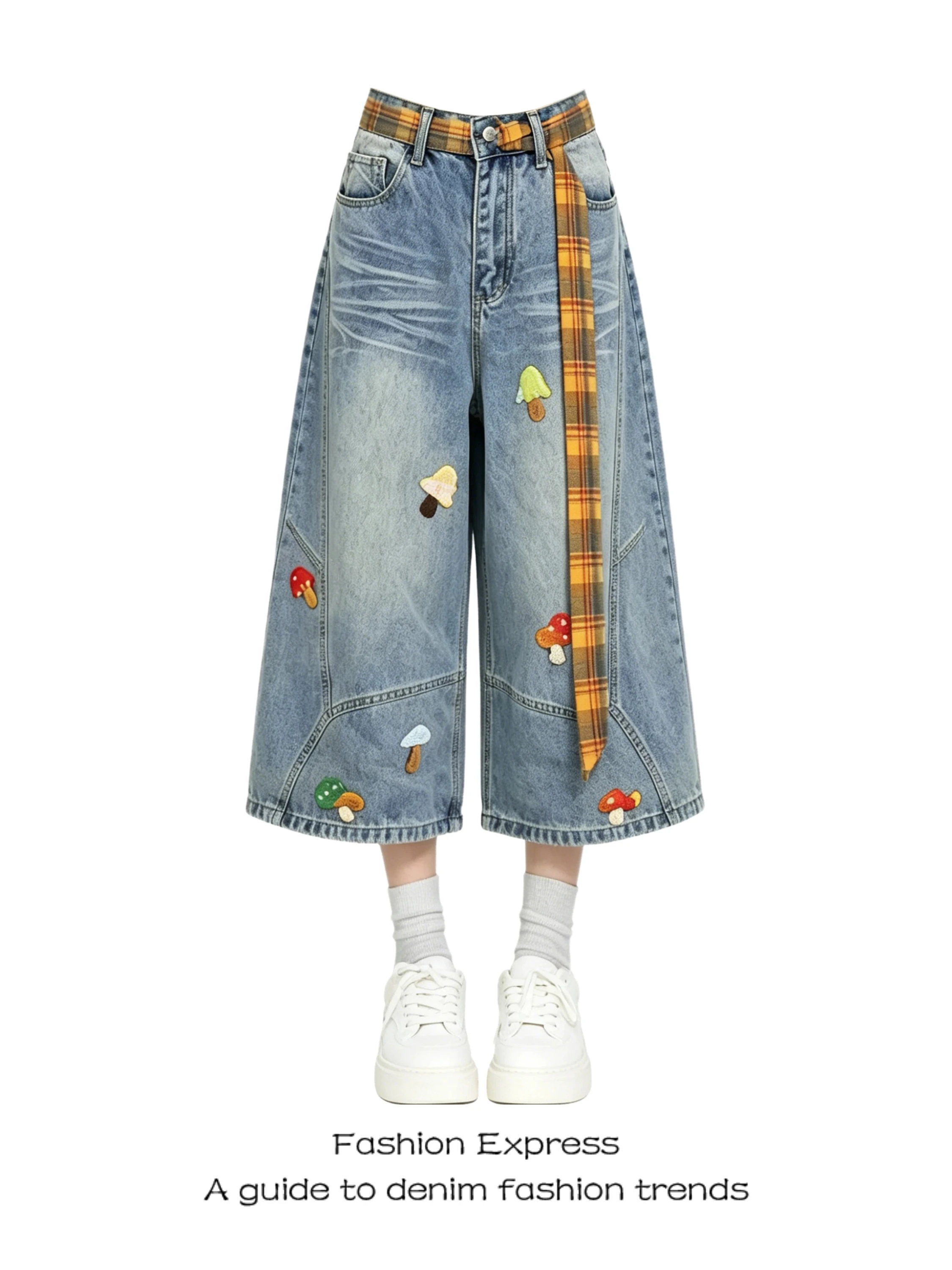 

Light Blue Embroidered Wide Leg Short Pants Women's Jeans Casual High Waist Denim Pants Mushroom Pattern Seven-Five Design