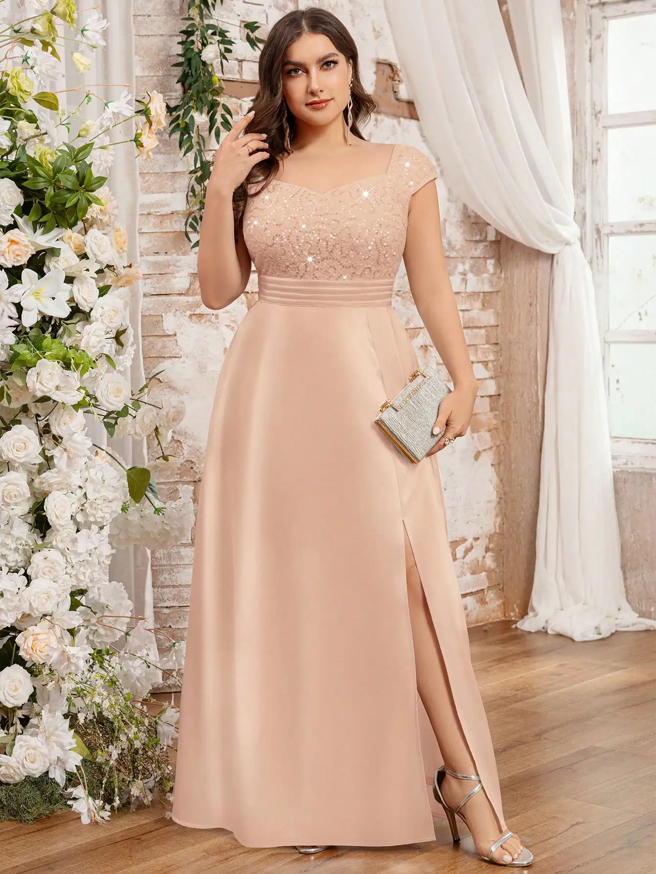 

Plus Size Sequin Lace Bodice Satin A-Line Formal Party Dress With Split