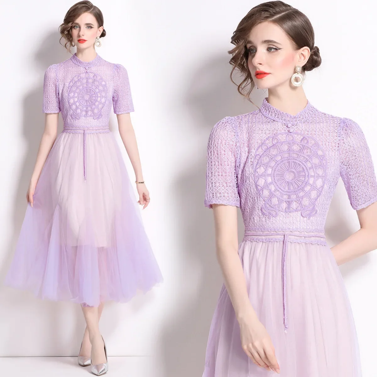 New Style French Women's Mesh Skirt High-Waisted Dress Medium Length Purple Chinese Style Dress Real Stock Available