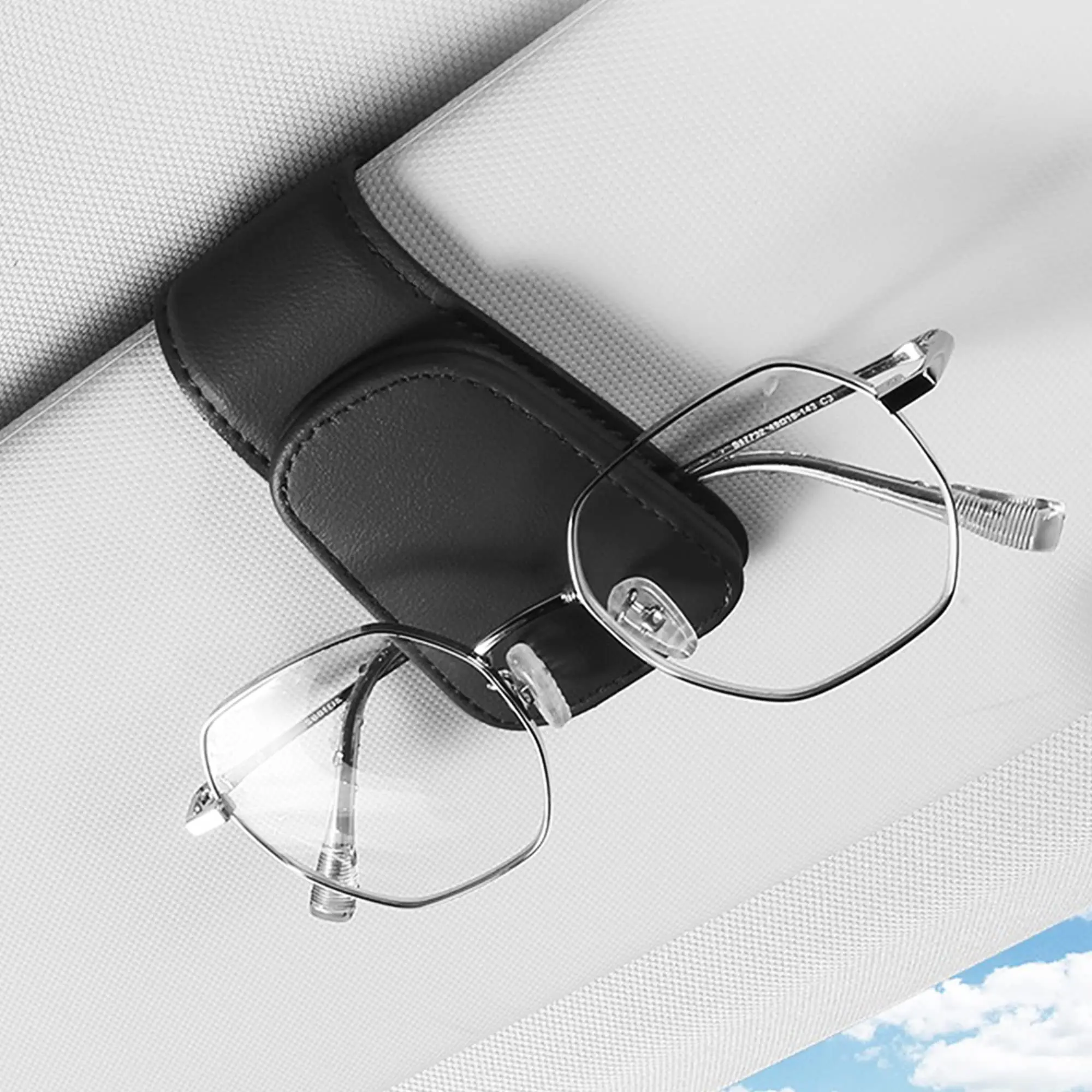 Car Sun Visor Glasses Holder Clip, Magnetic PU Leather Fashion Design, Universal Auto Visor Glasses Hook