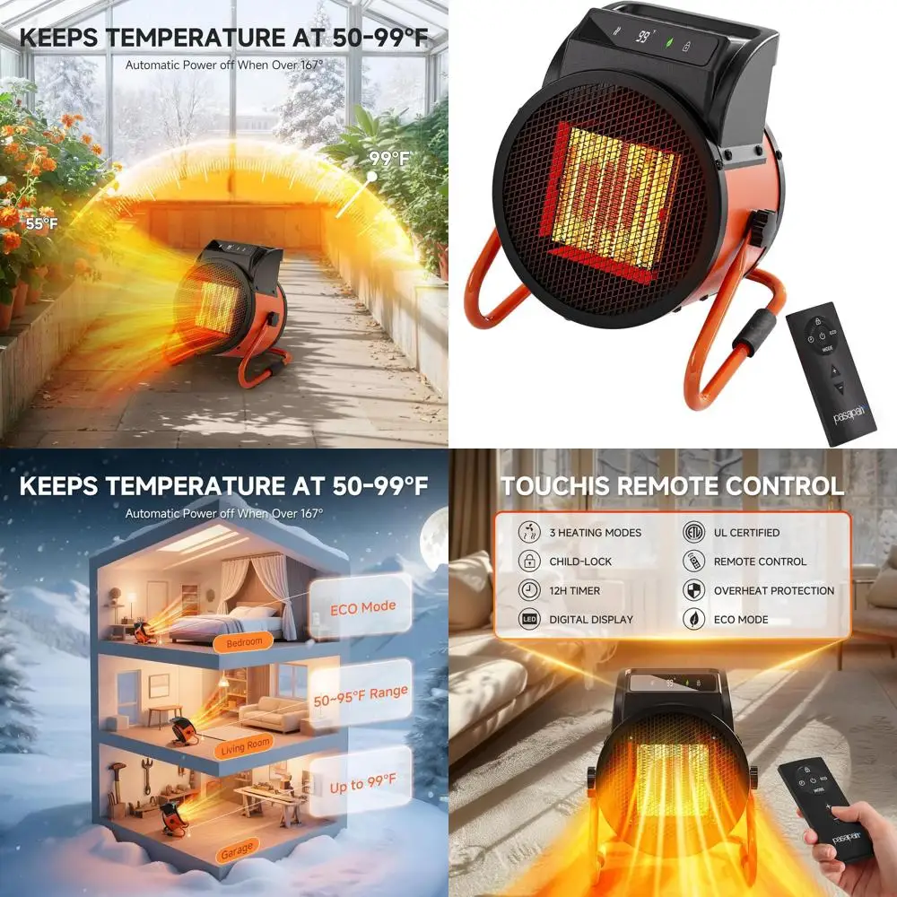 

Уличный обогреватель для патио мощностью 1500 Вт с дистанционным и цифровым термостатом, 24-часовым таймером, 3 режима нагрева, защита от перегрева PTC для выращивания