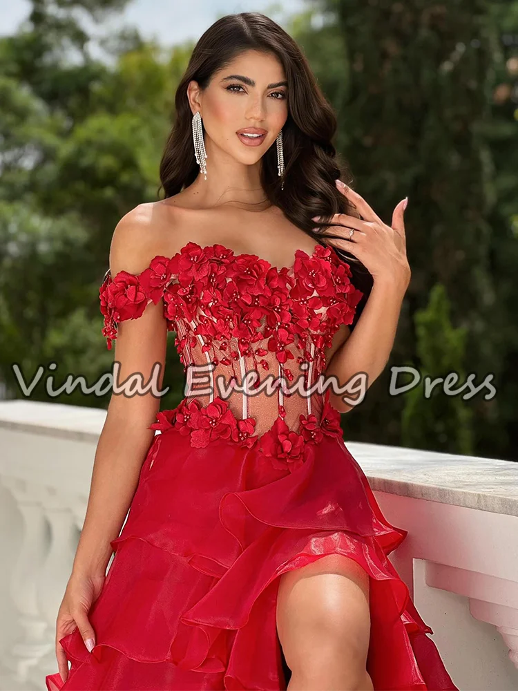 Vindal Stunning Red 3D Flower A-Line Prom Dress Off-Shouder Split Tiered Ruffle Elegant Evening Party Dress for Women Customized