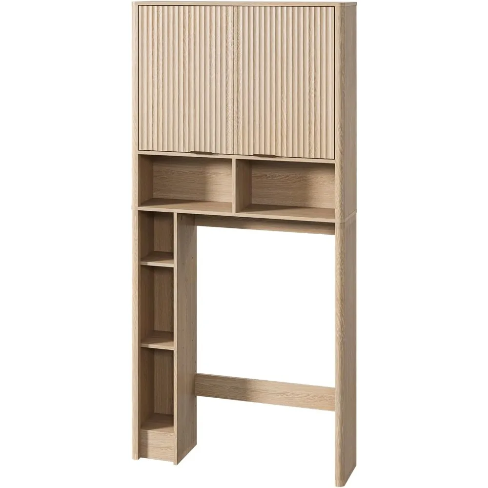 

Toilet Storage with Adjustable Shelf and Bottom Bar, Over Toilet Bathroom Organizer with Wave Pattern Cabinet Doors, 31 IN W.