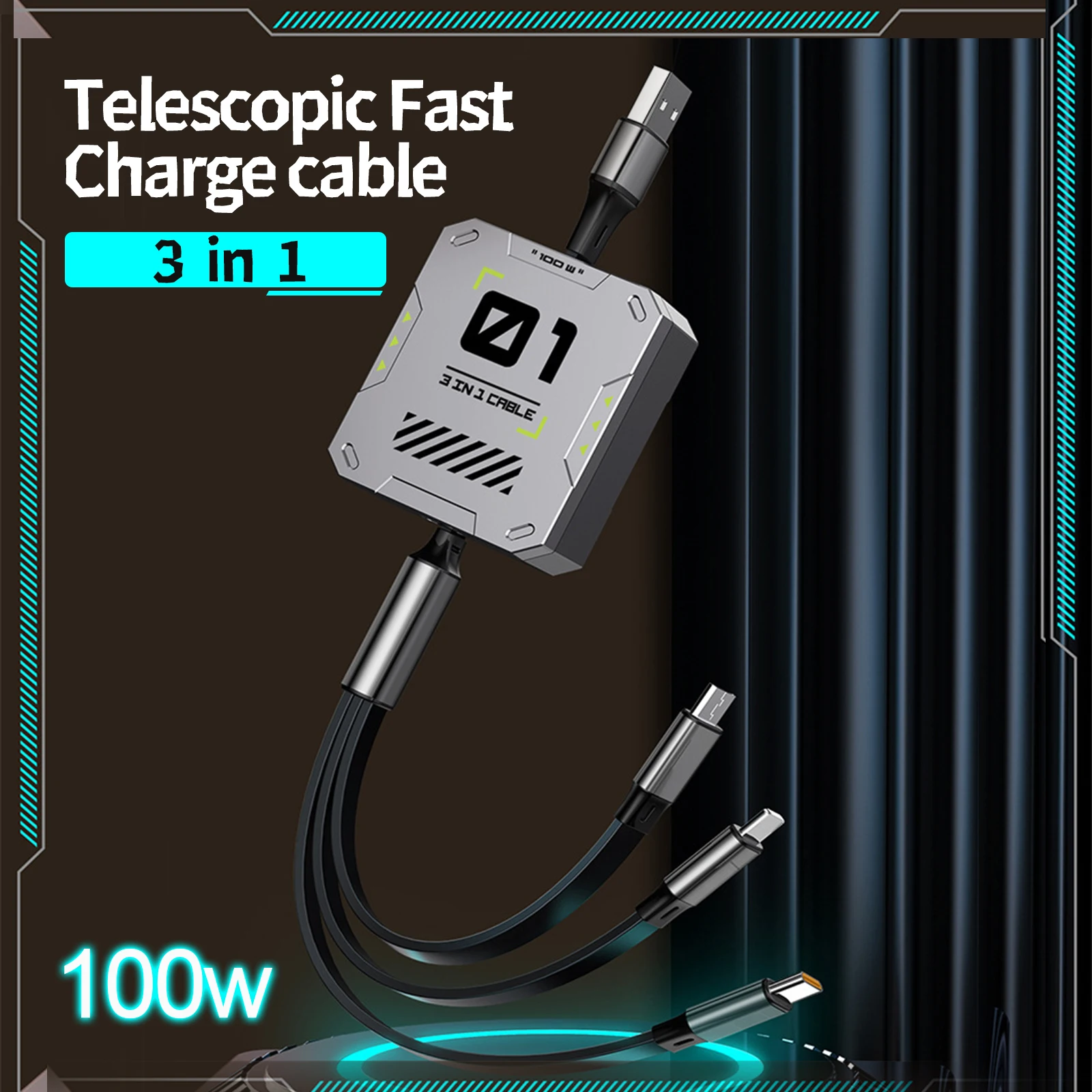 

3 In 1 100w Retractable Phone Data Cable Type C Usb Fast Charging Cable For Iphone Samsung Huawei Xiaomi Android Micro