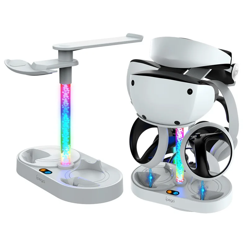 Cargador con mango para gafas, soporte de carga con luz RGB colorida, 4 cabezales de succión magnéticos de piezas, color arcoíris, para PS VR2