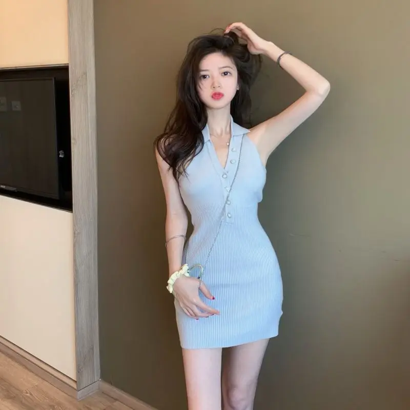 Korean Style Chic V-neck Vacation Dresses Women Summer Vintage Simple Solid Sweet Slim Backless Knitted Dress