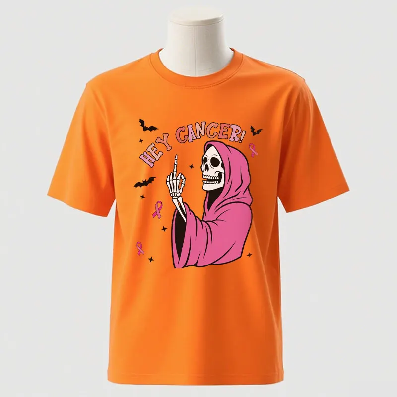 Breast Cancer Middle Finger Cotton Shirt Halloween Skeleton Breast Cancer Awareness Tee Hey Cancer Halloween Pink Ribbon Tshirt