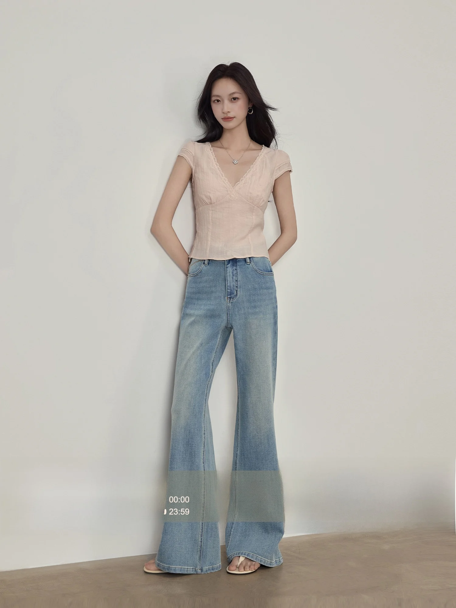 

Blue High Waist Flared Jeans Women's Summer Slim Fit Four Way Stretch Casual Cotton Denim Pants High Rise Bell Bottoms