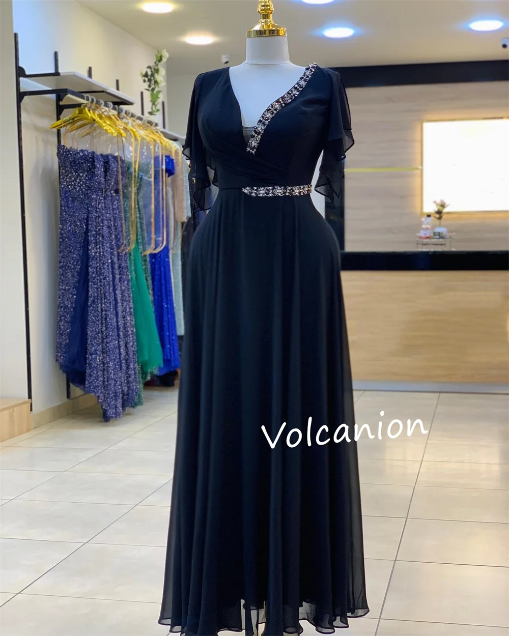 Customized Chiffon Sequined Pleat A-line V-neck Midi Dresses Bespoke Occasion Prom Classic Simple Sizes Available