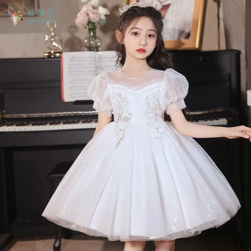 

Wedding Flower Girl Dress Puff Sleeve Sequined Prom Dresses Children's Princess Party Birthday Performance Tulle Skirt