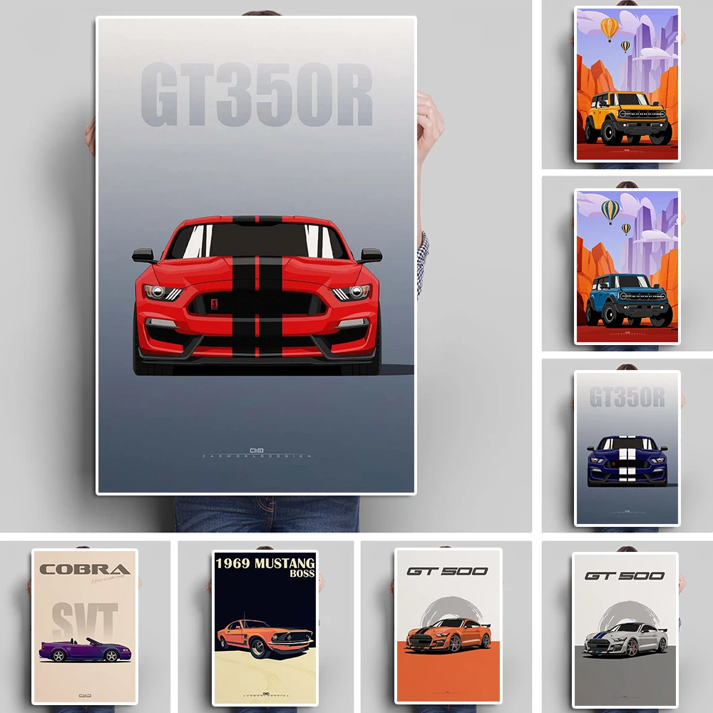 Retro Ford Mustang Graffiti Canvas Painting Luxury Sports Car GT500 Poster Racing Illustration Supercar Wall Art Room Decor Gift